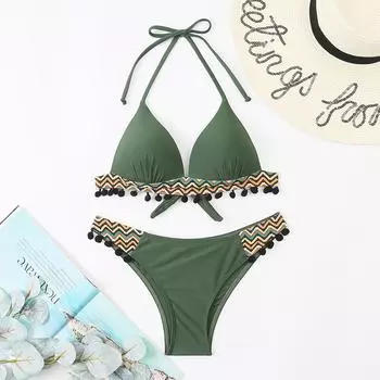 Женский сексуальный комплект бикини, купальник с пуш-ап, бикини на шнуровке, лоскутное бикини с кисточками и шариками, купальный костюм, женский бикини S