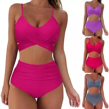 Женский сексуальный комплект бикини с однотонным принтом, купальный костюм с пуш-ап, купальник с высокой талией L горячий розовый