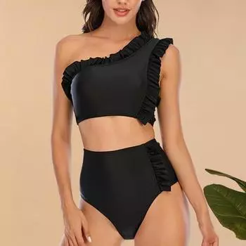 Женский сексуальный комплект бикини с разрезом на одно плечо и оборками, купальник из двух предметов в горошек, летний купальный костюм, пляжная одежда S чёрный