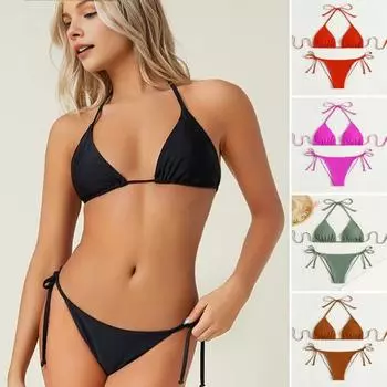 Женский сексуальный комплект бикини с завязками по бокам, двухсекционный купальник с треугольными чашечками для пляжной вечеринки S розы красного