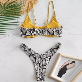 Женский сексуальный комплект бикини, женский купальник с эффектом пуш-ап, купальник со змеиным принтом, купальник из двух предметов, бразильский купальный костюм S серый