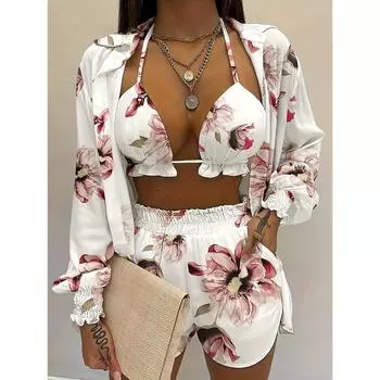 Женский сексуальный комплект из трех предметов, весенне-летний пляжный модный шортовый комплект S