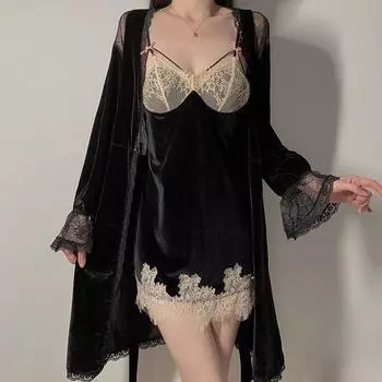 Женский сексуальный комплект нижнего белья, эротическое кружево, просматривающееся через глубокий V-образный вырез, ночная рубашка с подтяжками, порно-перспектива, завязка, внешний халат, сексуальные костюмы one size