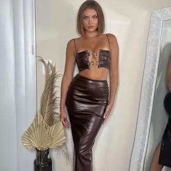Женский сексуальный комплект с юбкой-хомутом и разрезом на бедрах S темно-коричневого