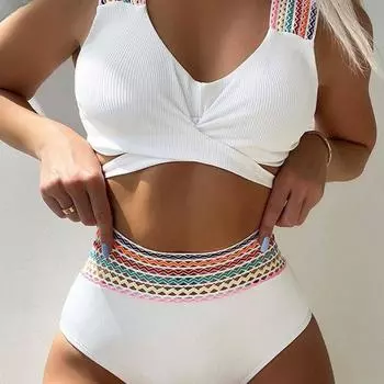 Женский сексуальный контрастный цвет, комплект бикини на шнуровке с высокой талией, модный комплект бикини для пляжной вечеринки, купальник с пуш-апом из двух предметов S белый