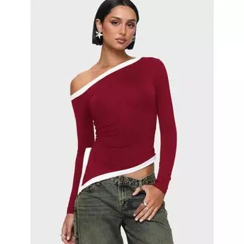 Женский сексуальный косой без бретелек разрез утягивающий топ с длинными рукавами Color Clash S белый