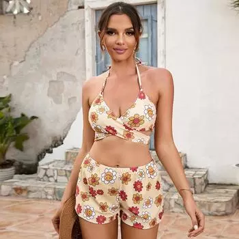 Женский сексуальный костюм-бикини из трех предметов с треугольным разрезом, комплект с завязками сбоку, стринги, купальник, шорты, цветочный принт S светло-желтого