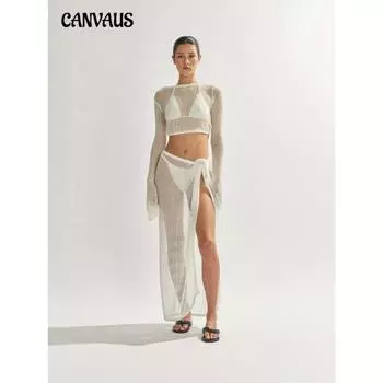 Женский сексуальный костюм, летний, новый, прозрачный, короткий, с открытой спиной, с длинными рукавами, с высокой открытой вилкой, полубоди, длинная юбка, трикотаж S