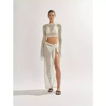 Женский сексуальный костюм, летний, новый, прозрачный, короткий, с открытой спиной, с длинными рукавами, с высокой открытой вилкой, полубоди, длинная юбка, трикотаж S