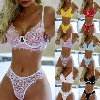 Женский сексуальный кружевной беспроводной бюстгальтер с бантом, стринги, нижнее белье, пижамный комплект L синий