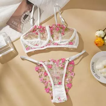 Женский сексуальный кружевной комплект бюстгальтера Цветочный однослойный бюстгальтер на косточках Регулируемые стринги Сексуальный комплект нижнего белья S розовый
