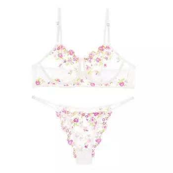 Женский сексуальный кружевной комплект бюстгальтера Прозрачные бюстгальтеры на косточках Женское тонкое нижнее белье Цветочные стринги Lingerie S розовый