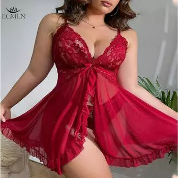 Женский сексуальный кружевной костюм сетка прозрачная ночная рубашка с бантом на подтяжках и стринги M чёрный