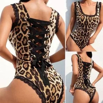Женский сексуальный кружевной леопардовый боди без рукавов, женский ремень на шнуровке, обтягивающий комбинезон, женский S чёрный