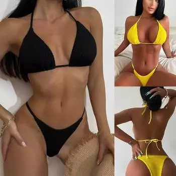 Женский сексуальный купальник-бикини с треугольными чашечками и завязками по бокам, летний купальник-стринги со шнуровкой, эластичный однотонный купальник-бикини S чёрный