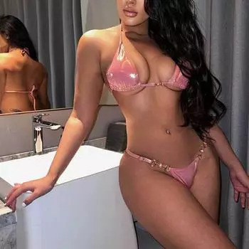 Женский сексуальный купальник-бикини с треугольными чашечками и завязками по бокам, летний купальник-стринги со шнуровкой, эластичный однотонный купальник-бикини S розовый