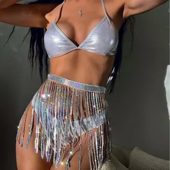 Женский сексуальный купальник-бикини с треугольными чашечками и завязками по бокам, летний купальник-стринги, эластичный однотонный купальник-бикини S серебряный