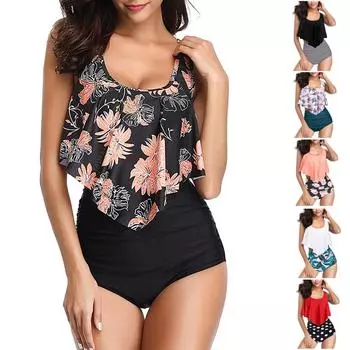 Женский сексуальный купальник-бикини с высокой талией, принтом в виде оборки, поясом для живота и подушечками для груди, утягивающий раздельный купальник L чёрный
