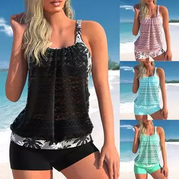 Женский сексуальный купальник большого размера с цветочным принтом, женский летний комплект из двух предметов, танкини, модный монокини, пляжная одежда, банный костюм S чёрный