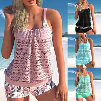 Женский сексуальный купальник большого размера с цветочным принтом, женский летний комплект из двух предметов, танкини, модный монокини, пляжная одежда, банный костюм S чёрный