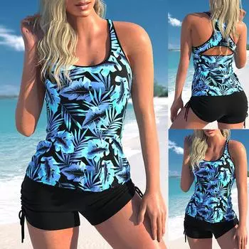 Женский сексуальный купальник большого размера с цветочным принтом, женский летний комплект из двух предметов, танкини, модный монокини, пляжная одежда, банный костюм S синий