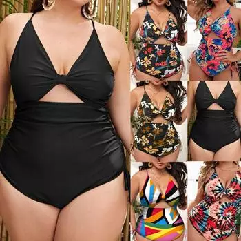 Женский сексуальный купальник большого размера с вырезами и рюшами на животе, монокини с кулиской, цельный купальник с принтом на шнуровке сзади, купальный костюм 0XL