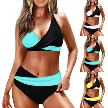 Женский сексуальный купальник из двух частей, однотонное бикини с разрезом L синий