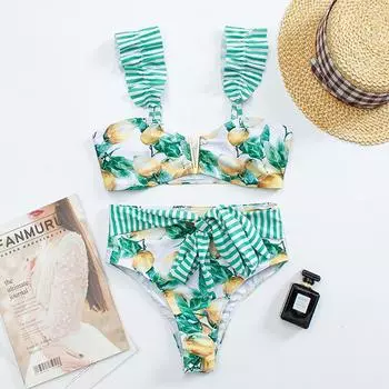 Женский сексуальный купальник из двух частей с рюшами и принтом, купальник с высокой талией, модный купальный костюм S