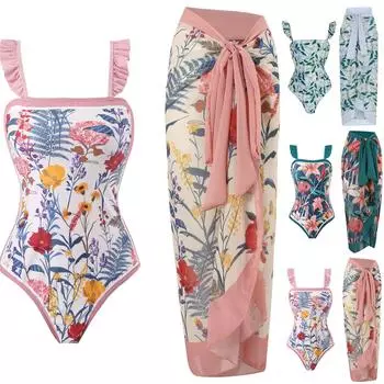 Женский сексуальный купальник из трех частей с бретелькой и принтом M зелёный