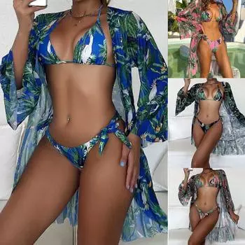 Женский сексуальный купальник из трех частей с принтом и раздельным купальником S синий