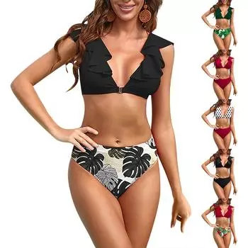 Женский сексуальный купальник с глубоким v-образным вырезом и тонким принтом, с высокой талией и рюшами (Набор из двух частей) L чёрный