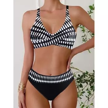 Женский сексуальный купальник с разделенным телом, сплошной цветной купальник с бантом и высокой талией, состоящий из двух частей L чёрный