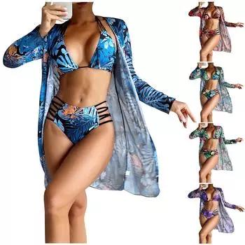 Женский сексуальный купальник с разрезом и длинной юбкой (3 шт.) L синий