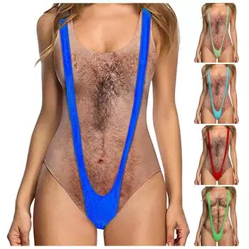 Женский сексуальный купальник с высоким воротом, забавный купальник, 3D искусственная грудь, волосатый забавный купальник с принтом L синий