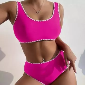 Женский сексуальный купальник, свободный купальник, однотонный комплект из двух предметов с принтом, модный летний пляжный комплект бикини S чёрный