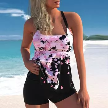 Женский сексуальный купальник в полоску с принтом из двух предметов, танкини, женский летний купальник-монокини, купальный костюм, пляжная одежда больших размеров, новинка S розовый