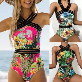 Женский сексуальный купальник в стиле пэчворк с принтом, цельный купальник бикини с волнистыми краями S зелёный