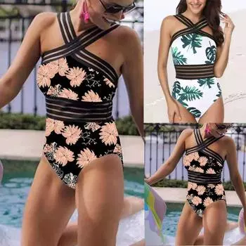Женский сексуальный купальник в стиле пэчворк с принтом, цельный купальник бикини с волнистыми краями L чёрный