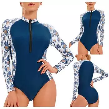 Женский сексуальный купальный комплект, купальник соответствующего цвета, купальник на молнии с длинными рукавами, сетчатый купальник для похудения L синий