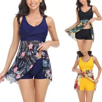 Женский сексуальный купальный костюм с разрезом и юбкой без стальной поддержки с подушечками для бюстгальтера XL тёмно-синий