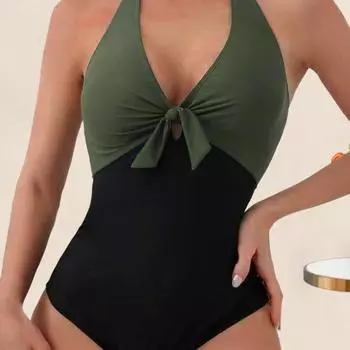 Женский сексуальный летний монокини с бретелькой на шее, глубокий v-образный вырез, цельный купальник, лоскутный цветной декор с бантом, высокая талия, открытая спина L армия зеленый