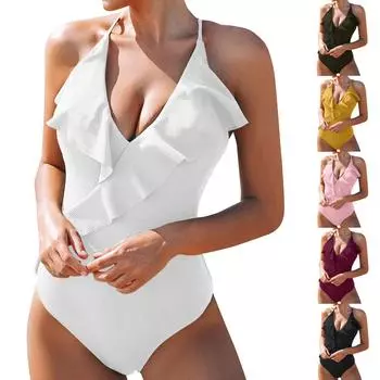 Женский сексуальный модный цельный купальник с рюшами и глубоким V-образным вырезом L армия зеленый