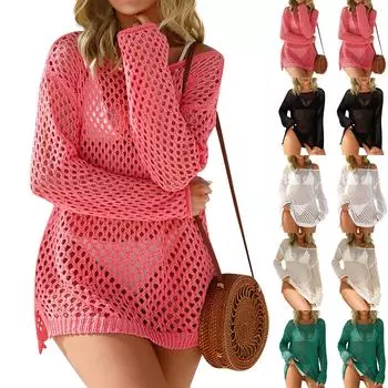 Женский сексуальный, модный и удобный сетчатый трикотажный пляжный солнцезащитный китель с длинными рукавами XL