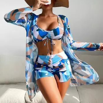 Женский сексуальный модный купальник из трех частей с принтом тай-дай, бикини L синий