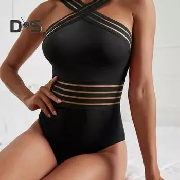 Женский сексуальный монокини-кроссовер с лямкой на шее, цельный купальник, с открытой сеткой, с высокой талией, S-образный купальник, пляжная одежда S зелёный