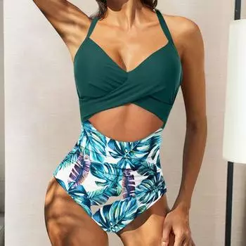 Женский сексуальный монокини с контролем живота, цельный купальник с лямкой на шее, без рукавов, в стиле пэчворк, цвет с высокой талией M чёрный