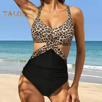 Женский сексуальный монокини с лямкой на шее, цельный купальник без рукавов с крестом, лоскутный цветной купальный костюм с высокой талией и открытой талией M светло-зеленый