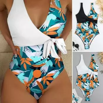 Женский сексуальный монокини с v-образным вырезом без рукавов, тропический принт листьев, цельный купальник, пуш-ап, летняя пляжная одежда с открытой спиной, купальный костюм M чёрный