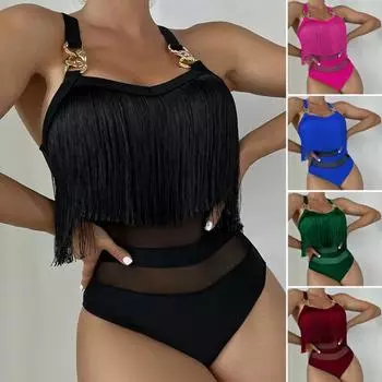 Женский сексуальный монокини слинг без рукавов с кисточками и декором купальник с сеткой, с открытой спиной, цельный бикини S