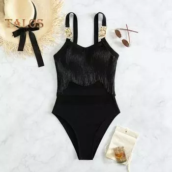 Женский сексуальный монокини слинг без рукавов с кисточками и декором купальник с сеткой, с открытой спиной, цельный бикини S вино красного